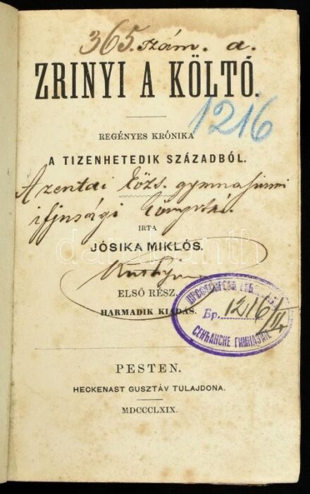 Jósika Miklós: Zrinyi, a költő. I-II. rész. [Egybekötve.] Regényes krónika a tizenhetedik századból. Pest, 1859., Heckenast Gusztáv, XVI+208; 223 p. Átkötött félvászon-kötés, kopott borítóval, volt könyvtári példány, a