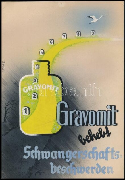 Börtsök László (?-?): Gravomit behebt Schwangerschaftsbeschwerden. Plakát vagy reklámterv. Tempera, karton. Jelzett. 1930-40 körül. Lap sarkaiban kisebb törésnyomokkal, lap tetején apró lyukkal. 30×20,5 cm