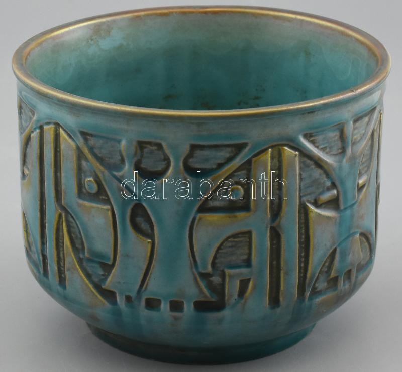 Zsolnay kaspó, alapmázas fajansz, jelzett, Kovács István terv, repedt, mázrepedésekkel, erősen kopott m:12cm, d: 16cm