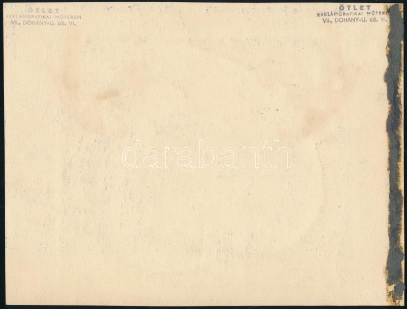 Női arc színpadon. Plakát vagy reklámgrafika terv, 1940 körül. Akvarell, ceruza, papír. Hátoldalán Ötlet Reklámgrafikai Műhely bélyegzőjével. 16,5x21,5 cm. - Image 2