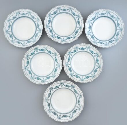 Johnson Bros. Glenwood angol fajansz leveses tányér szett, 6 db, máz alatti zöld matricás dekorral, cca 1900. Jelzett, kisebb kopásnyomokkal, mázrepedésekkel, d: 25 cm