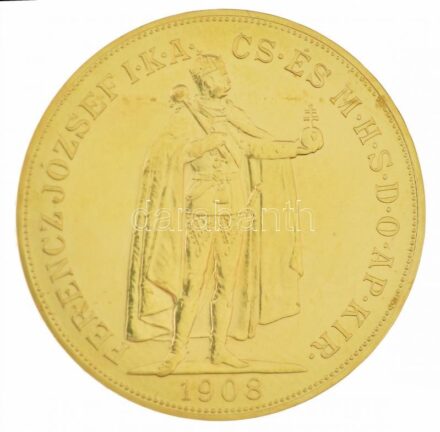 1908KB 100K Au 'Ferenc József' (33,95g/0.900/37mm) T:1- Hungary 1908KB 100 Korona Au 'Franz Joseph' (33,95g/0.900/37mm) C:AU Adamo K10