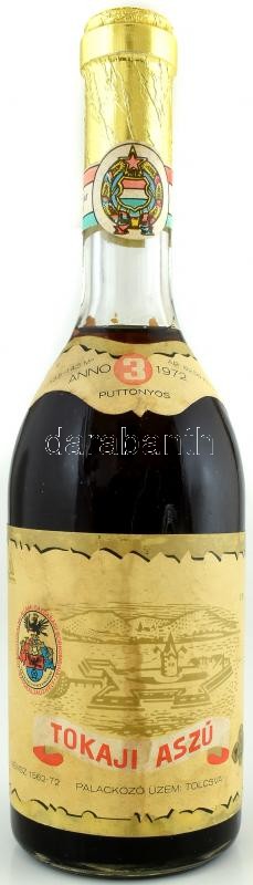 1972 Tokaji 3 puttonyos aszú, Tolcsva, 0,5l, sérült címke.