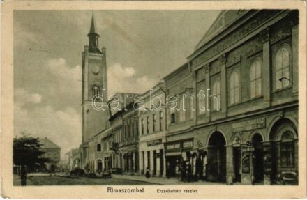1915 Rimaszombat, Rimavská Sobota; Erzsébet tér, Perecz Béla borbély és fodrász, Csízy K. és Tigerman Adolf üzlete / square, shops, barber and hairdresser