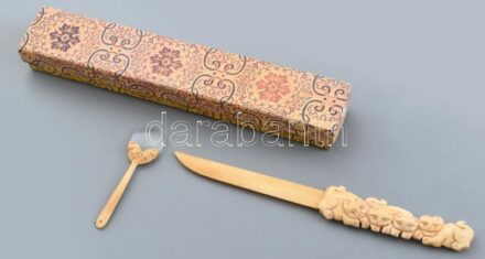 Csont levélbontó, csontnyelű nagyítóval, h: 23 és 9,5cm