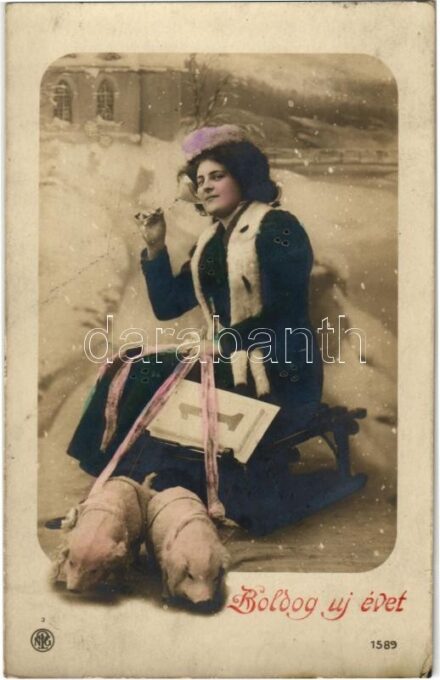 1910 Boldog új évet, pezsgőző hölgy / New Year greeting, lady drinking champagne