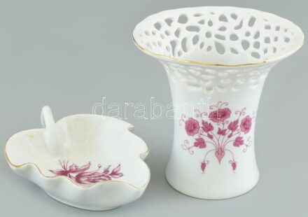 Hollóházi porcelán váza m:12cm, tálka 14x11cm. Matricás, jelzett, kopásnyomokkal.