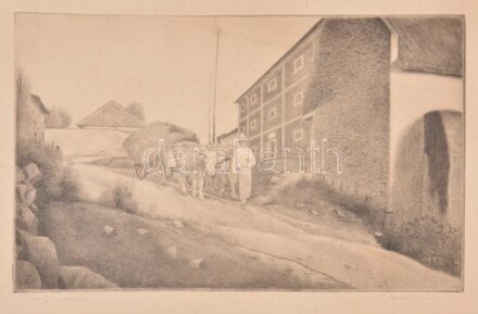 Dudás Jenő (1900-1991): Tihanyi magtár. Rézkarc, papír, jelzett, lap szélén apró foltokkal, 24,5×40 cm