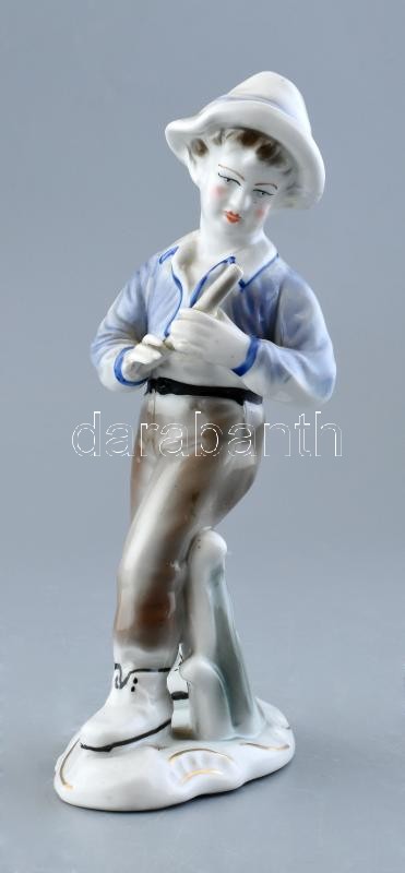Román porcelán fiú, kézzel festett, jelzett, sérült, m: 20 cm