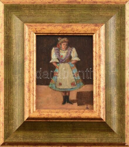 A (?) jelzéssel: Népviseletes hölgy. Olaj, fa. Dekoratív fa keretben. 14,5x11,5 cm