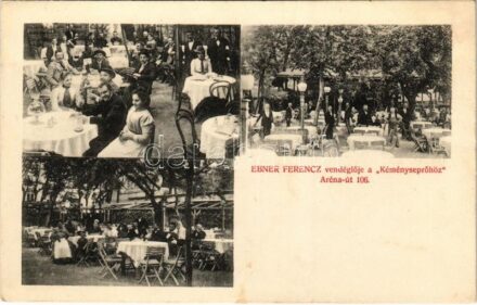 Budapest VI. Ebner Ferenc Vendéglője a Kéményseprőhöz, étterem kertje, pincérek. Aréna út 106. (ma Dózsa György út)