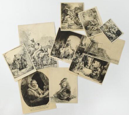 Rembrandt rézkarcairól, grafikáiról készült 10 db reprodukció nyomat, 12x9 cm és 28,5x21,5 cm közötti méretben