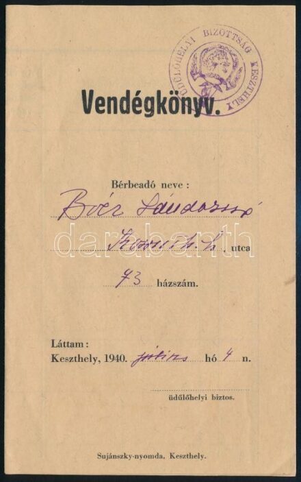 1940 Keszthely, Vendégkönyv, 1940. júl. 4., bejegyzéssel.