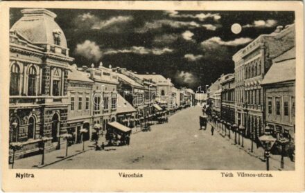 Nyitra, Nitra; Városház, Tóth Vilmos utca, Weisz Lipót üzlete, téli este / town hall, shop, street, winter night