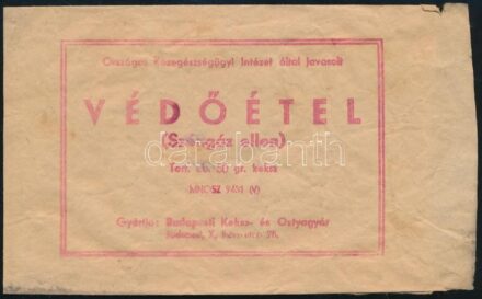 'Országos Közegészségügyi Intézet által javasolt Védőétel (Széngáz ellen)' papírzacskó, Bp., Budapesti Keksz- és Ostyagyár, foltos, 19x11 cm