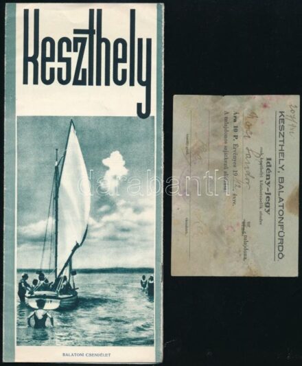 cca 1942 Keszthely idegenforgalmi prospektus, Bp., Athenaeum, fekete-fehér fotóanyaggal, Bp., Athenaeum, ketté hajtható, 4 sztl. lev., 24x10,5 cm, kettéhajtva: 24x21 cm+ Keszhely, Balatonfürdő idén-jegy csak helyi keszthelyi