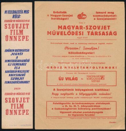 1959 Szovjet Film Ünnep, könyvjelző, 21x5 cm +cca 1950 Magyar-Szovjet Művelődési Társaság prospektusa