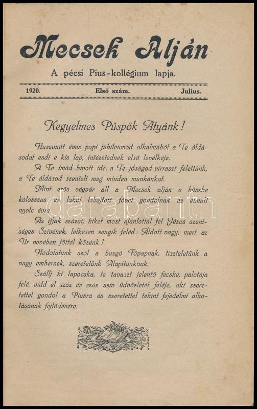1920 Mecsek Alján. 1920. július. Első szám. A pécsi Pius-Kollégium lapja. Pécs, 1920, Taizs József, 47+1 p. Papírkötés, kissé sérült lapokkal, 15/16. lap hiányzik, foltos borítóval. - Image 2