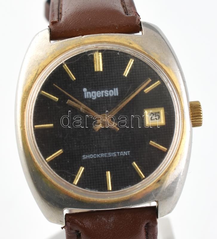 Ingersoll svájci karóra dátum funkcióval, bőr szíjjal, működik, üvegen tetején apró sérüléssel, fém tokon és szíjon kopásnyomokkal, 35 mm
