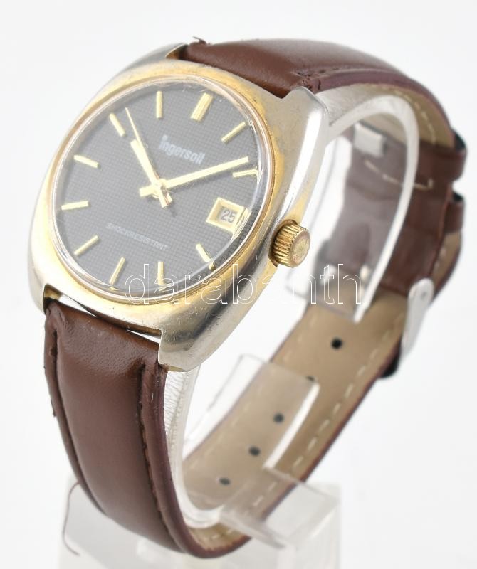 Ingersoll svájci karóra dátum funkcióval, bőr szíjjal, működik, üvegen tetején apró sérüléssel, fém tokon és szíjon kopásnyomokkal, 35 mm - Image 2