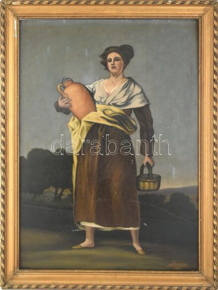 Pomázi jelzéssel: Korsós hölgy. Olaj, farost, sérült. Sérült fa keretben. 70x49 cm