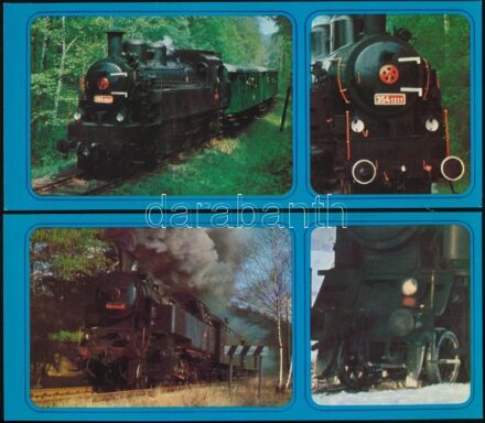 cca 1980-1990 5 db gőzmozdonyokat ábrázoló kártya, három nyelven feliratozva, 24x10 cm