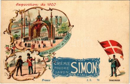 Paris, Exposition de 1900. Porte Principale de l'Exposition. 'Simon' Creme Poudre Savon / 1900 Paris Exposition with 'Simon' cream soap advertisement. Art Nouveau, floral, litho
