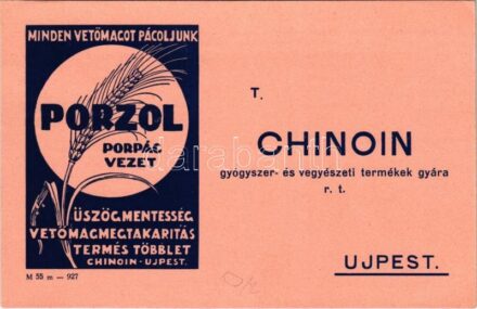 Porzol porpác. Üszögmentesség, vetőmag megtakarítás, terméstöbblet. Chinoin gyógyszer- és vegyészeti termékek gyára Újpest / Hungarian agrochemical advertisement (EK)