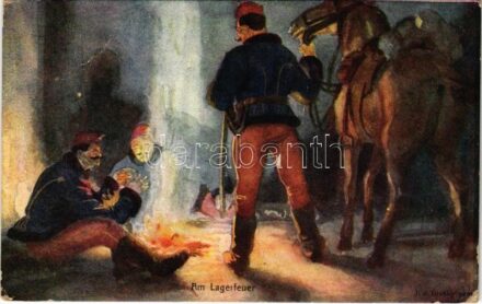 1917 Am Lagerfeuer. Offizielle Karte für Rotes Kreuz, Kriegsfürsorgeamt, Kriegshilfsbüro Nr. 365. / WWI Austro-Hungarian K.u.K. military art postcard, hussars around the campfire s: J. v. Divéky + 'K.u.K. Kav. Telegraphen-Abteilung Nr. 6.' (EK)