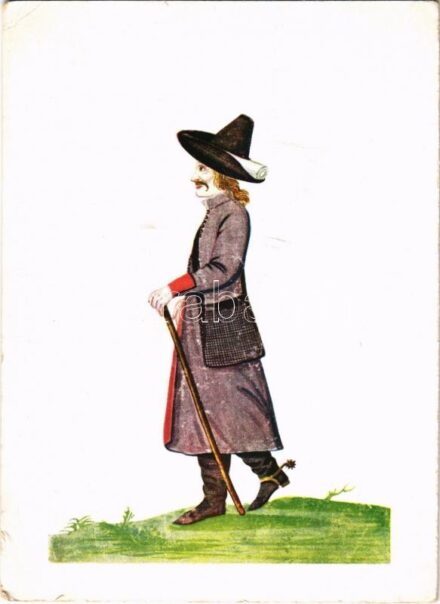 1848-1948 Falusi tanító. Színezett rajz a XVIII. századból. 1848 centenáriumára kiadott lap. Magyar Nemzeti Múzeum Országos Széchenyi Könyvtára (kis szakadás / small tear)