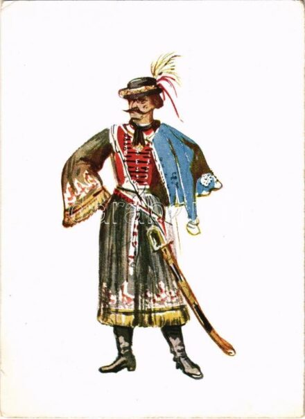 1848-1948 Szabadcsapatos 1848-49-ben. Gaul F. színezett rajza. 1848 centenáriumára kiadott lap. Magyar Nemzeti Múzeum Országos Széchenyi Könyvtára / Soldier of a Hungarian Guerilla Troop in 1848-49 (EK)