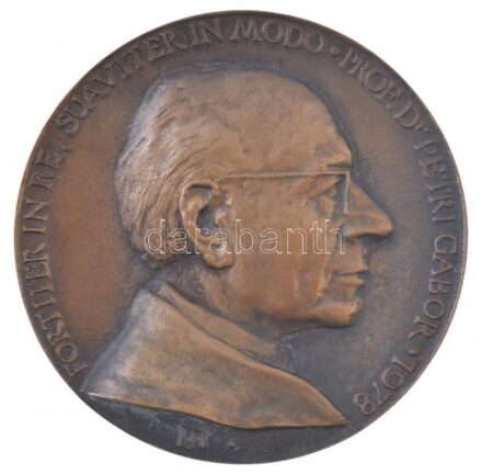 Lapis András (1942-) 1978. 'FORTITER IN RE, SUAVITER IN MODO - Prof. Dr. Petri Gábor 1978 / Professzori kinevezésének 25. évfordulójára tanítványai' kétoldalas, öntött bronz emlékérem (109mm) T:1-