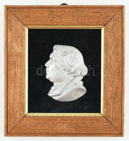 Luther Márton arcképe, fém falidísz, jelzés nélkül, fa keretben, 10x8 cm