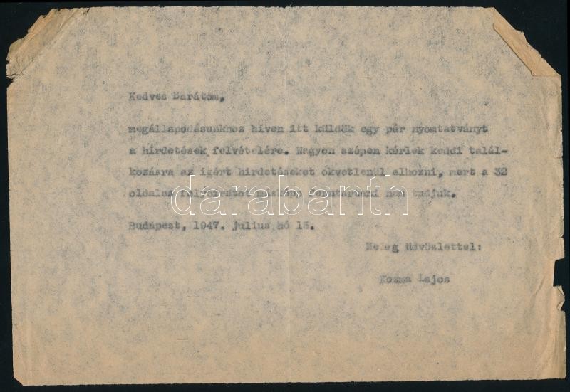 1948 Kozma Lajosné Fuchs Elza (1909-1948) Kozma Lajos temetésével kapcsolatos 'fáradtságos és jóindulatú közbenjárásait és... a ravatalnál elmondott beszédét' megköszönő sorai Major Máté (1904-1986) Kossuth-díjas építész - Image 3