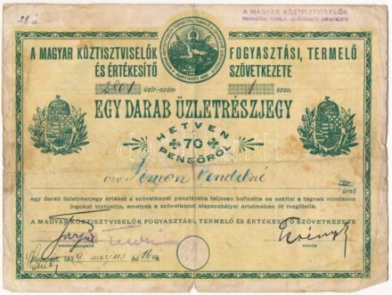 Budapest 1941. 'A Magyar Köztisztviselők Fogyasztási, Termelő és Értékesítő Szövetkezete' üzletrészjegy 70P-ről, szelvényekkel, bélyegzésekkel T:III- kis szakadások