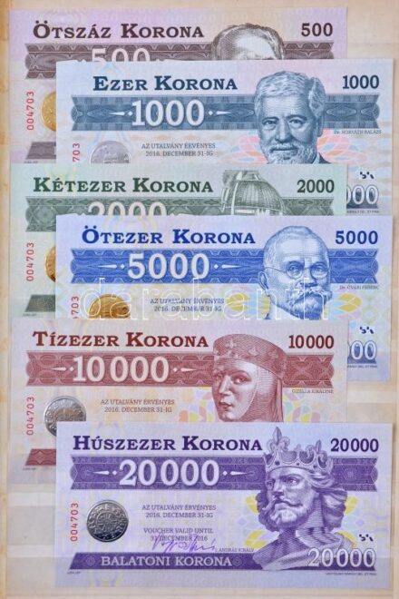 2012. 500K 'Balatoni Korona' + 1000K 'Balatoni Korona' + 2000K 'Balatoni Korona' + 5000K 'Balatoni Korona' + 10.000K 'Balatoni Korona' + 20.000K 'Balatoni Korona', helyi pénz,mindegyik '004703' sorszámmal és a tervező, Vagyóczky Károly