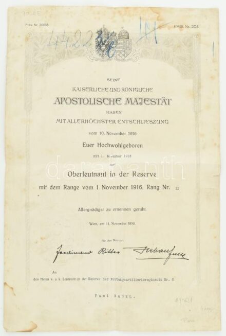 1916 Tartalékos főhadnagyi kinevezés szárazpecséttel, kis szakadással, folttal