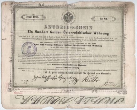 Ausztria / Bécs 1858. 'K.K. Österrechische Credit-Anstalt für Handel und Gewerbe' részvénye 100G értékben T:III,III- szakadások Austria / Wien 1858. 'K.K. Österrechische Credit-Anstalt für Handel und Gewerbe' share with the value of 100