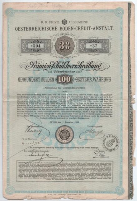 Bécs 1880. 'K. K. Privil. Allgemeine Oesterreichische Boden-Credit-Anstalt' adósságkötvénye 100 osztrák értékű guldenről, bélyegzéssel T:III- szakadások