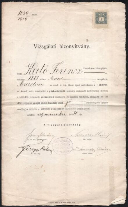 1909 Arad, kazánfűtő bizonyítvány