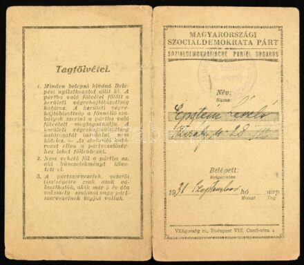 1945 Mszdp tagsági igazolvány
