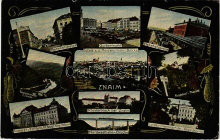 Znojmo, Znaim; Bahnhofstrasse, Gurkenmarkt, Bahnhofperron, Riesenkopf i. Thayatal, Klosterbruck, Nordwestbahn-Brücke, Landes-Oberrealschule u. Kopaldenkmal, Kaserne d. K.u.K. Inf. Rgmts. 99. Georg I. König d. Hellenen, Tausnitzmühle b. Znaim /