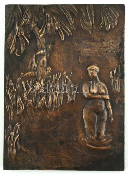 Konyorcsik János (1926-): Zsuzsanna és a vének bronz fali kép, Jelzett. 23x17 cm