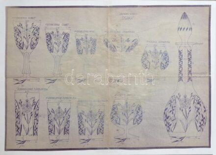 1978 Parádi üveggyár. Kristály termékek tervei. 3 db nagy méretű tervrajz, részben nevesítve. Klf tervezőktől. Vázák, kínálók stb. kb 62x44 cm