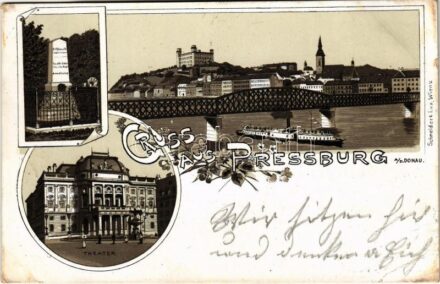 1899 (Vorläufer) Pozsony, Pressburg, Bratislava; színház, vasúti híd, Zerge hegyemlék szobor, este / theatre, railway station, monument, night. Art Nouveau, floral, litho (EK)