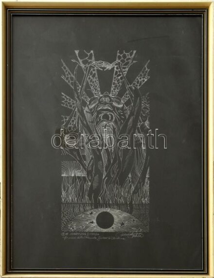 Olvashatatlan (Roland...?) jelzéssel: Teremtés II. (Die Schöpfung II.), 1971-77. Nyomat, papír. Üvegezett fa keretben, 30,5×14 cm