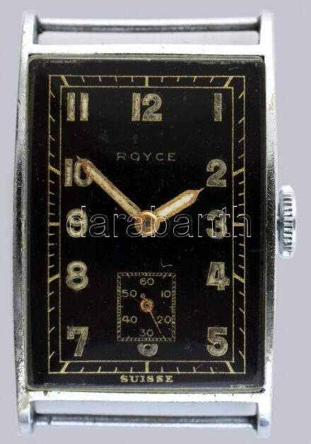 Royce férfi karóra, mechanikus szerkezettel, működik, kopott, sérült fekete számlap, szíj nélkül, d: 20mm