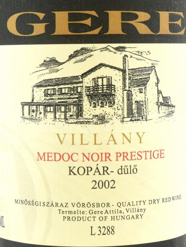2002 Gere Villányi Medoc Noir Prestige Kopár-dülő 2002, szakszerűen tárolt, bontatlan palack, abv: 13%, 0,75l. - Image 2