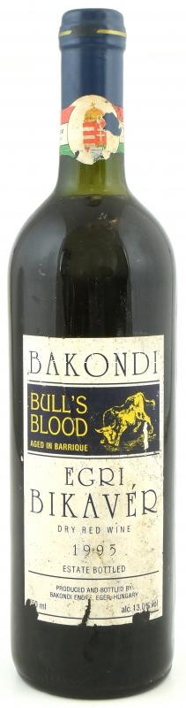 1995 Bakondi Egri Bikavér, 'Bull's Blood Aged in barrique', szakszerűen tárolt, bontatlan palack száraz vörösbor, abv: 13%, 0,75l.