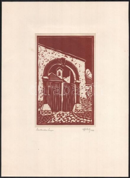 Olvashatatlan jelzéssel: Szentendrei kapu, 1976. Linómetszet, papír, paszpartuban, 19×12 cm. Soós Imre (1921-2013), műgyűjtő, művészeti író, a Kisgrafika folyóirat szerkesztője, a Magyar Nemzeti Galéria Baráti Köre alelnökének